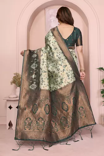 pista green silk blend banarasi saree with unstitched blouse piece