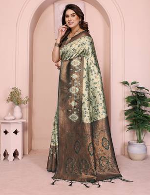 pista green silk blend banarasi saree with unstitched blouse piece 1