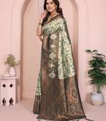 pista green silk blend banarasi saree with unstitched blouse piece