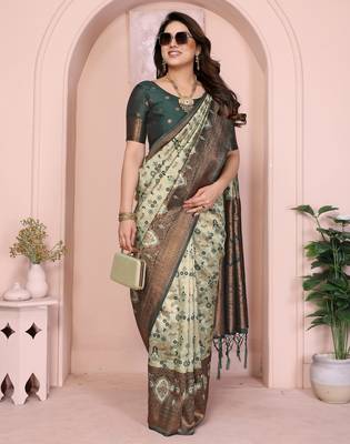 pista green silk blend banarasi saree with unstitched blouse piece 4