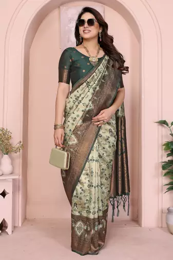 pista green silk blend banarasi saree with unstitched blouse piece