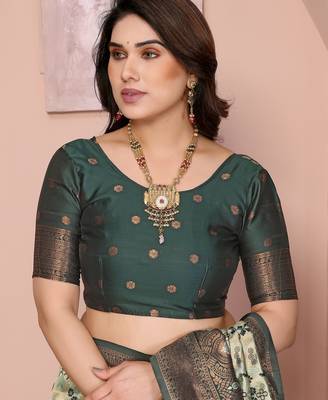 pista green silk blend banarasi saree with unstitched blouse piece 5