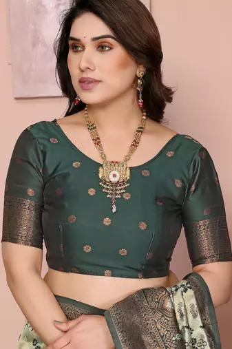 pista green silk blend banarasi saree with unstitched blouse piece