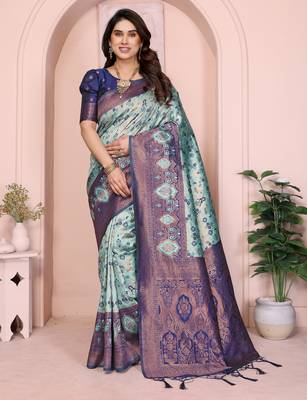 rama blue silk blend banarasi saree with unstitched blouse piece 2