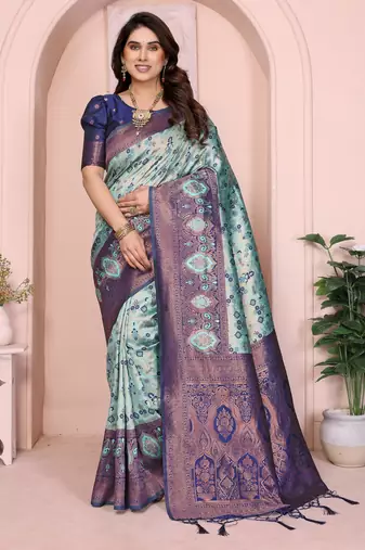 rama blue silk blend banarasi saree with unstitched blouse piece