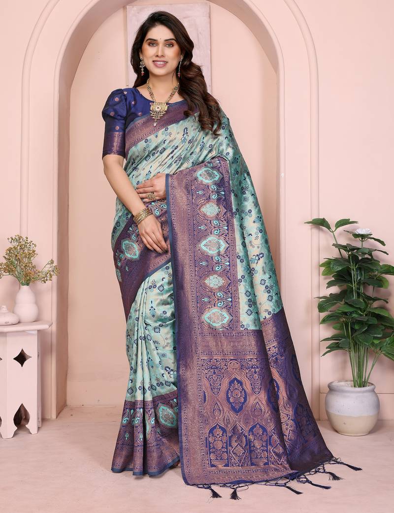 rama blue  soft art silk blend banarasi jacuard work designer party wear saree with unstitched blouse piece