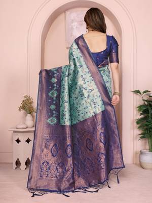 rama blue silk blend banarasi saree with unstitched blouse piece 3