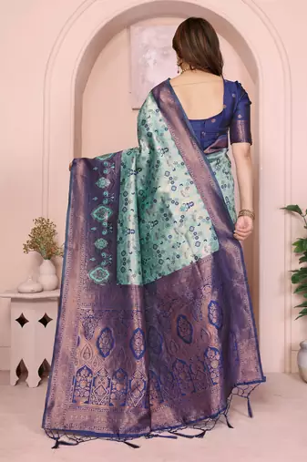 rama blue silk blend banarasi saree with unstitched blouse piece
