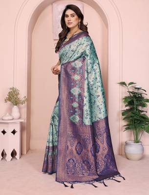 rama blue silk blend banarasi saree with unstitched blouse piece 4