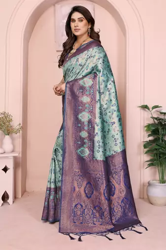 rama blue silk blend banarasi saree with unstitched blouse piece