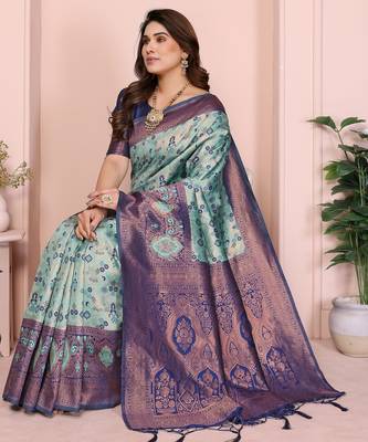 rama blue silk blend banarasi saree with unstitched blouse piece 1