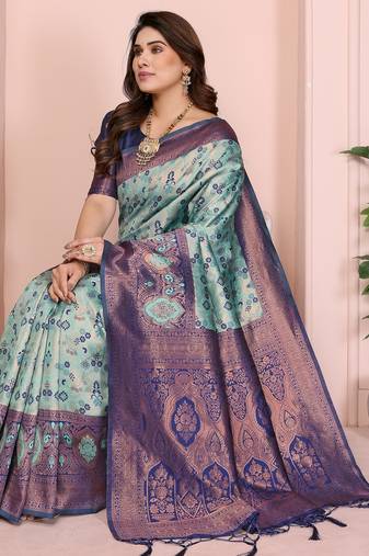 rama blue  soft art silk blend banarasi jacuard work designer party wear saree with unstitched blouse piece