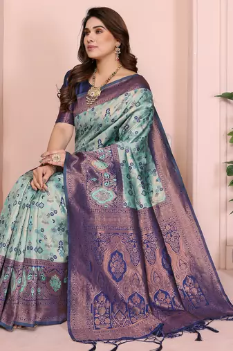 rama blue  soft art silk blend banarasi jacuard work designer party wear saree with unstitched blouse piece