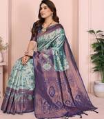 rama blue silk blend banarasi saree with unstitched blouse piece