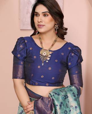 rama blue silk blend banarasi saree with unstitched blouse piece 5