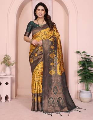 yellow green silk blend banarasi saree with unstitched blouse piece 2