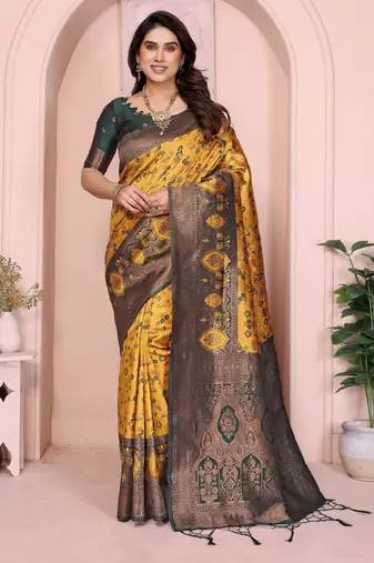 yellow green silk blend banarasi saree with unstitched blouse piece