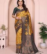 yellow green  soft art silk blend banarasi jacuard work designer party wear saree with unstitched blouse piece
