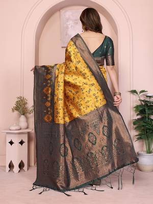 yellow green silk blend banarasi saree with unstitched blouse piece 3