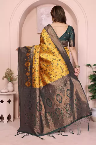 yellow green silk blend banarasi saree with unstitched blouse piece