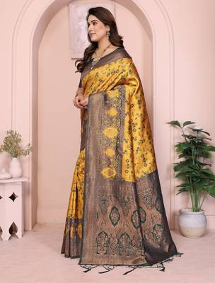 yellow green silk blend banarasi saree with unstitched blouse piece 4