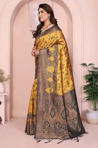 yellow green silk blend banarasi saree with unstitched blouse piece