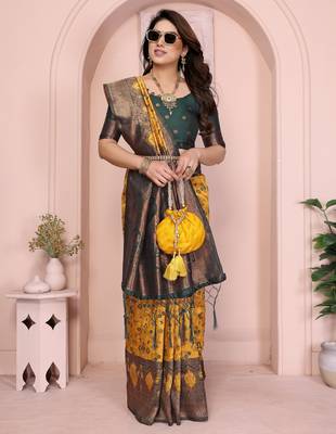yellow green silk blend banarasi saree with unstitched blouse piece 1