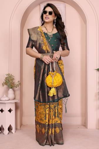 yellow green  soft art silk blend banarasi jacuard work designer party wear saree with unstitched blouse piece