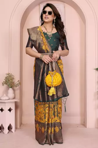 yellow green  soft art silk blend banarasi jacuard work designer party wear saree with unstitched blouse piece