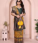 yellow green silk blend banarasi saree with unstitched blouse piece