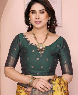 yellow green silk blend banarasi saree with unstitched blouse piece 5