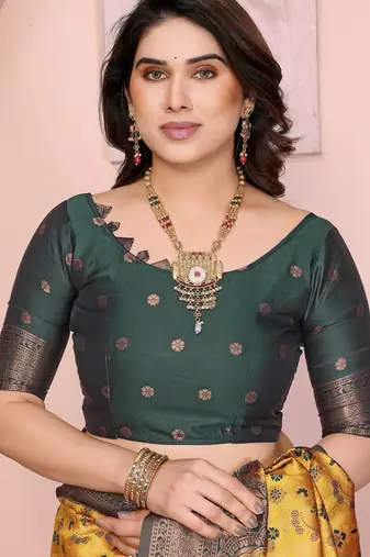 yellow green silk blend banarasi saree with unstitched blouse piece