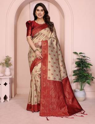 cream maroon silk blend banarasi saree with unstitched blouse piece 2