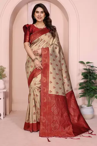 cream maroon silk blend banarasi saree with unstitched blouse piece
