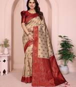 cream maroon   soft art silk blend banarasi jacuard work designer party wear saree with unstitched blouse piece