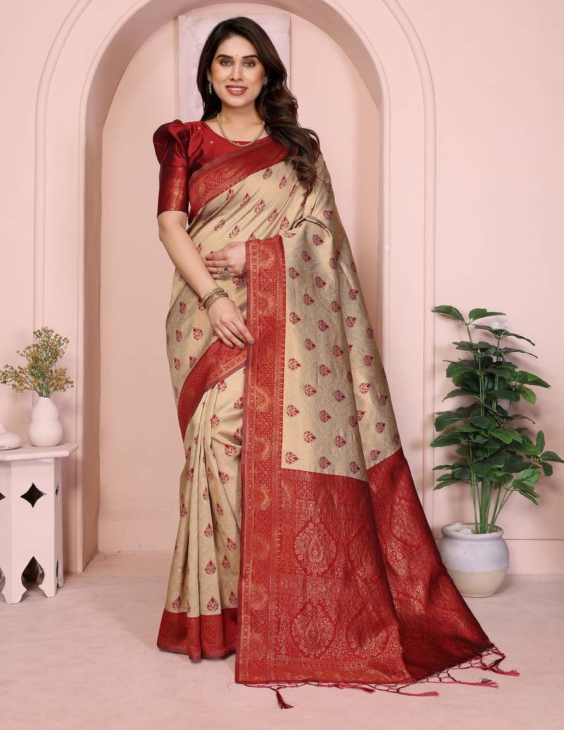 cream maroon   soft art silk blend banarasi jacuard work designer party wear saree with unstitched blouse piece