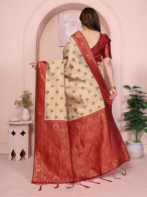 cream maroon silk blend banarasi saree with unstitched blouse piece 3