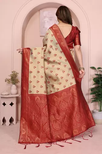 cream maroon silk blend banarasi saree with unstitched blouse piece