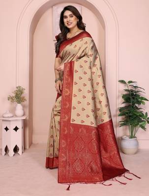 cream maroon silk blend banarasi saree with unstitched blouse piece 4
