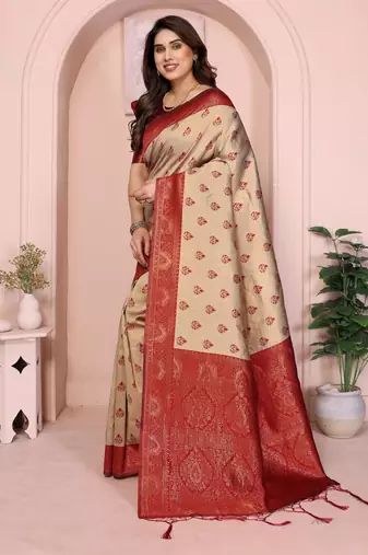 cream maroon silk blend banarasi saree with unstitched blouse piece