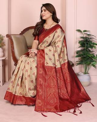 cream maroon silk blend banarasi saree with unstitched blouse piece 1