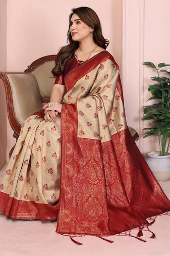 cream maroon   soft art silk blend banarasi jacuard work designer party wear saree with unstitched blouse piece