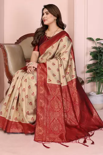 cream maroon   soft art silk blend banarasi jacuard work designer party wear saree with unstitched blouse piece