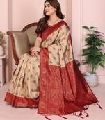 cream maroon silk blend banarasi saree with unstitched blouse piece