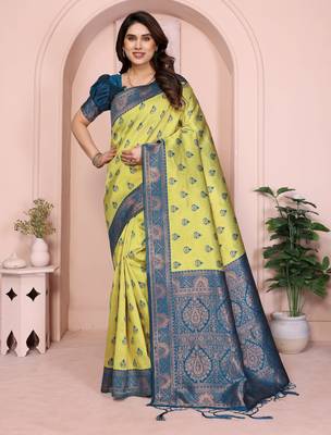 lemon morpich silk blend banarasi saree with unstitched blouse piece 2