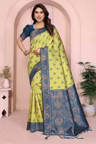 lemon morpich silk blend banarasi saree with unstitched blouse piece