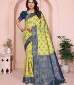 lemon morpich  soft art silk blend banarasi jacuard work designer party wear saree with unstitched blouse piece