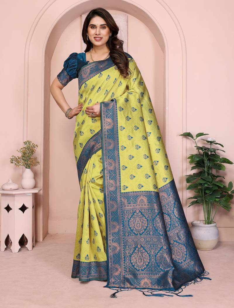lemon morpich  soft art silk blend banarasi jacuard work designer party wear saree with unstitched blouse piece