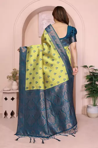 lemon morpich silk blend banarasi saree with unstitched blouse piece