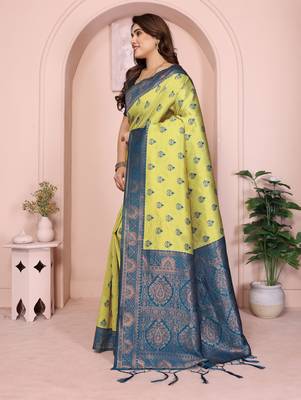lemon morpich silk blend banarasi saree with unstitched blouse piece 4